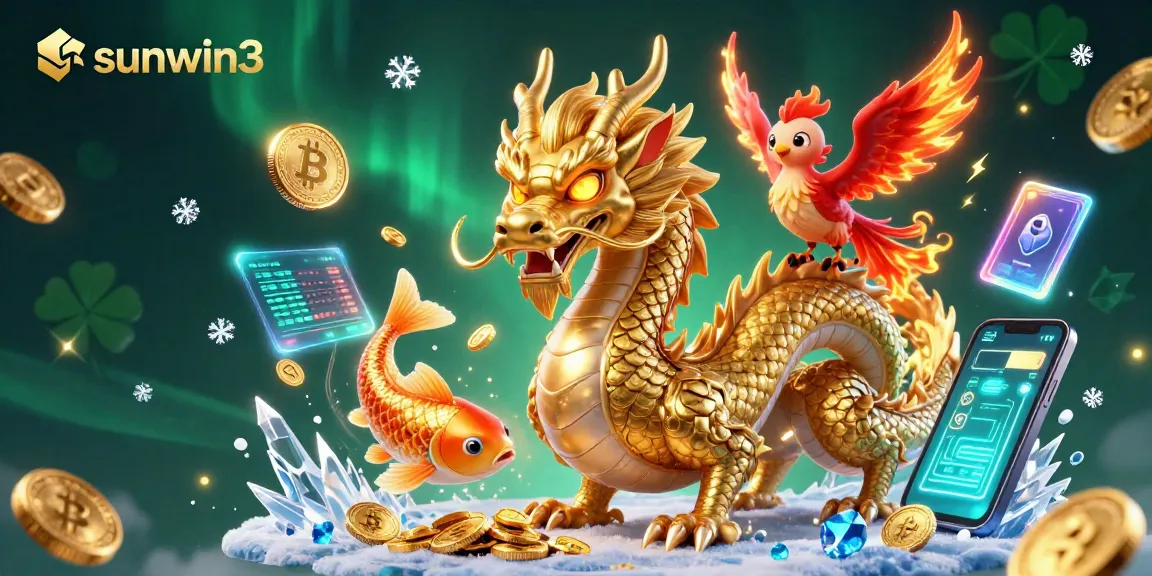 Engage in thrilling gaming with sunwin3 featuring a fierce dragon, phoenix, coins, and digital currency elements.