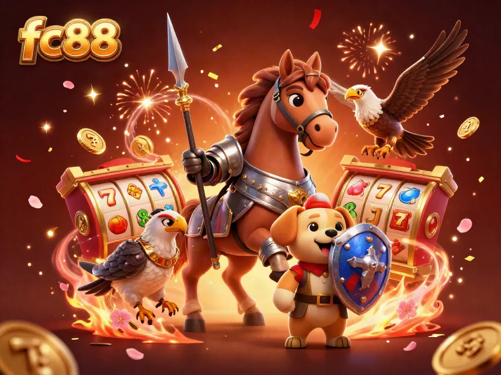 Experience thrilling gameplay at fc88 with colorful 3D slot reels, dynamic characters, and festive casino elements.