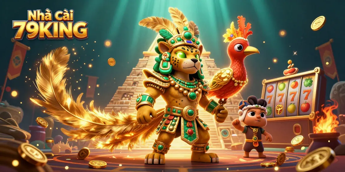 Experience the vibrant action of Nhà cái 79KING with a 3D casino scene featuring golden coins and slot elements.