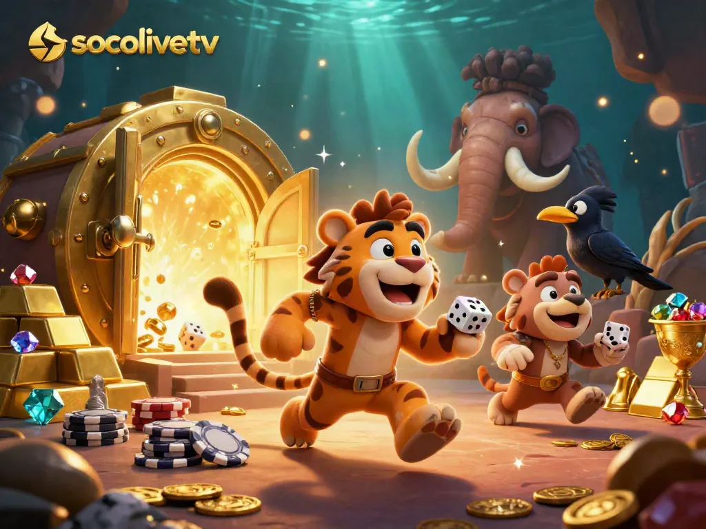 Engage with socolivetv's prehistoric casino scene featuring a caveman and sabertooth duo amidst gold treasures.