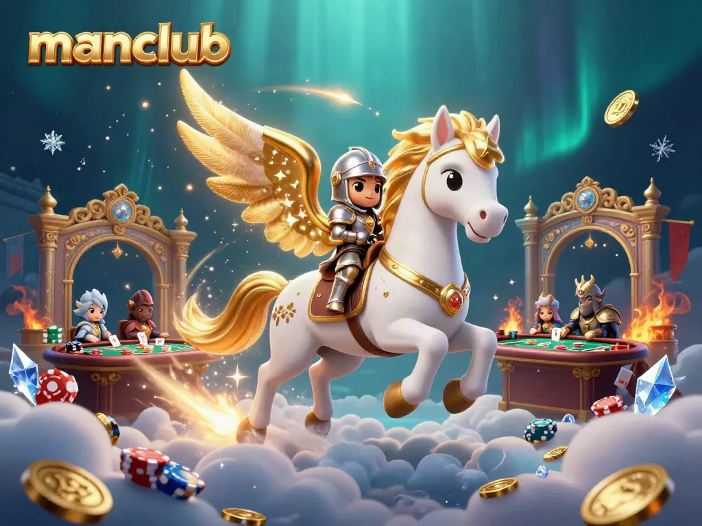 Experience the thrill of manclub gaming with a celestial knight, golden chips, and vibrant casino elements.