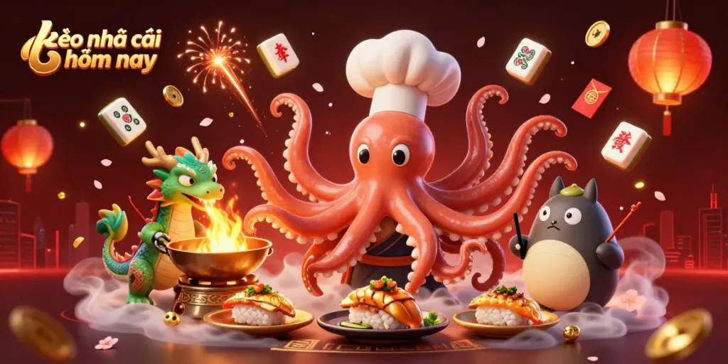 Engage with the kèo nhà cái hôm nay features through a lively 3D illustration of characters enjoying gold dishes in an animated gambling scene.