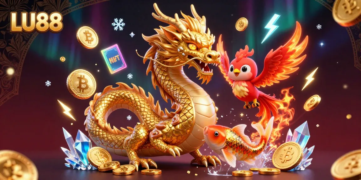 Join LU88 for thrilling casino adventures with a fierce dragon, phoenix, and koi fish amidst digital coins.