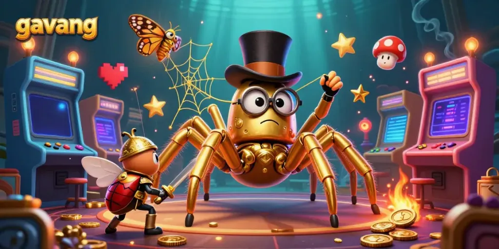 Experience gambling excitement with Gavang featuring a golden tarantula, beetle knight, and arcade elements.