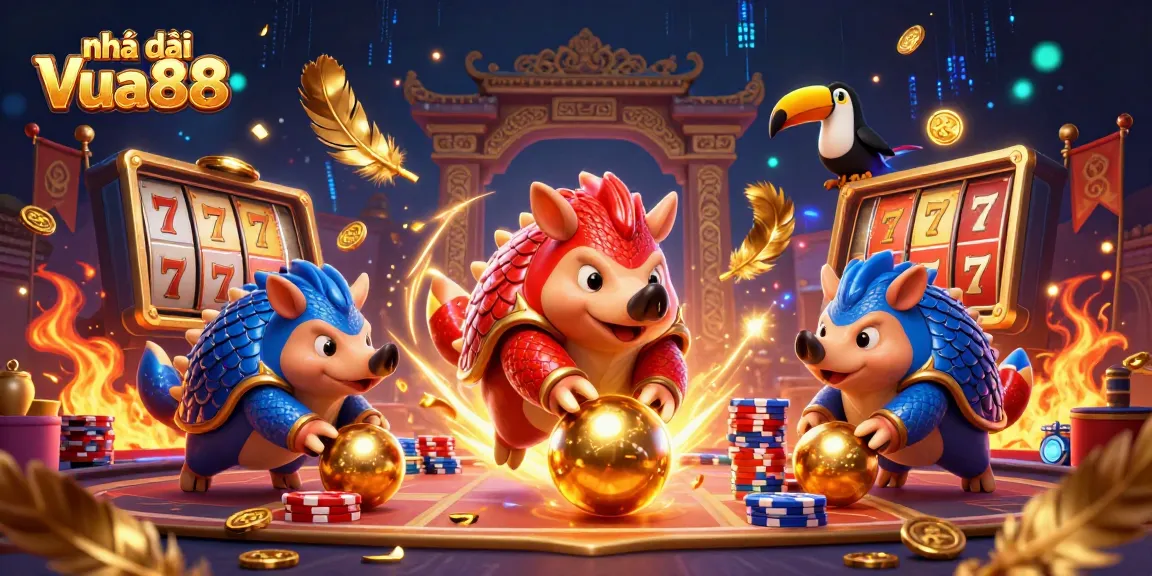 Experience the thrill at Nhà cái Vua88 with lively pangolins bowling through poker chips in this vibrant illustration.