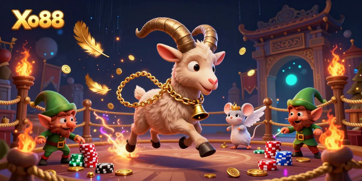 Xo88 features a whimsical casino scene with a Krampus goat and elf gremlins amid gold coins and vibrant particles.