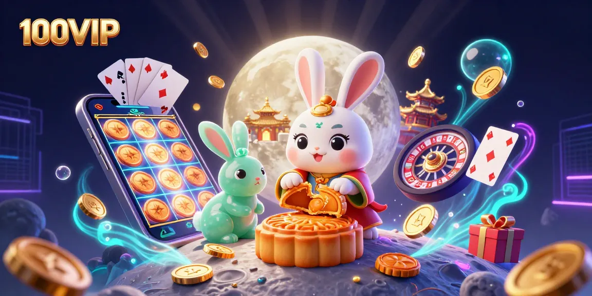 Engage with the thrilling world of 100VIP as a moon rabbit reveals poker chips, surrounded by vibrant casino elements.