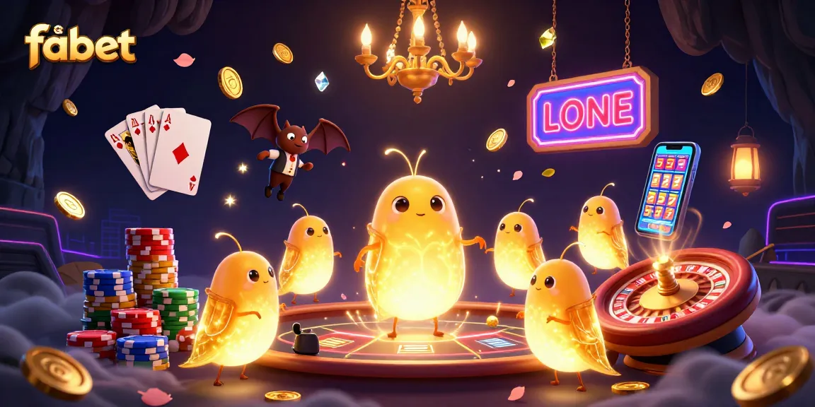 Fabet casino illustration showcasing glowworms lighting a vibrant cave casino atmosphere with flying coins and poker chips.