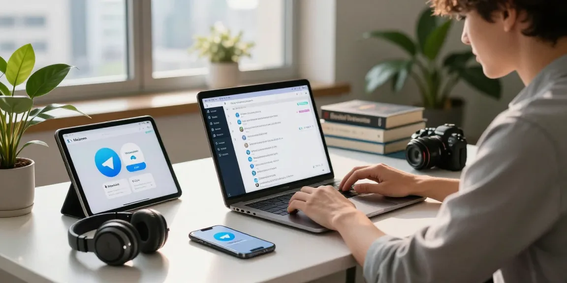 Download Telegram on a modern workspace featuring a laptop and tech gadgets.