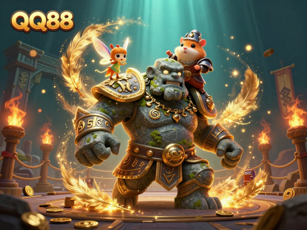 Engage in thrilling gameplay at QQ88 with a vibrant 3D fantasy casino scene featuring mystical characters.