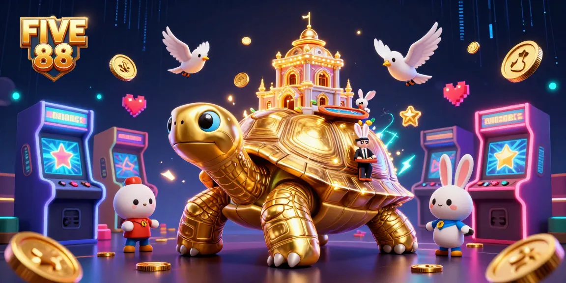 Engage with FIVE 88's vibrant casino world featuring a golden tortoise, rabbit dealer, and dynamic gaming elements.