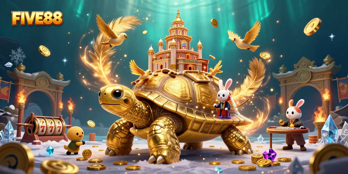 Experience the vibrant FIVE88 casino scene with a golden tortoise, rabbit dealer, and coins flying around.