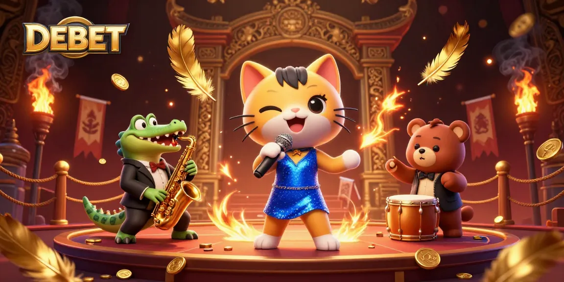Watch the DEBET jazz-singer cat perform live on stage surrounded by vibrant casino elements.