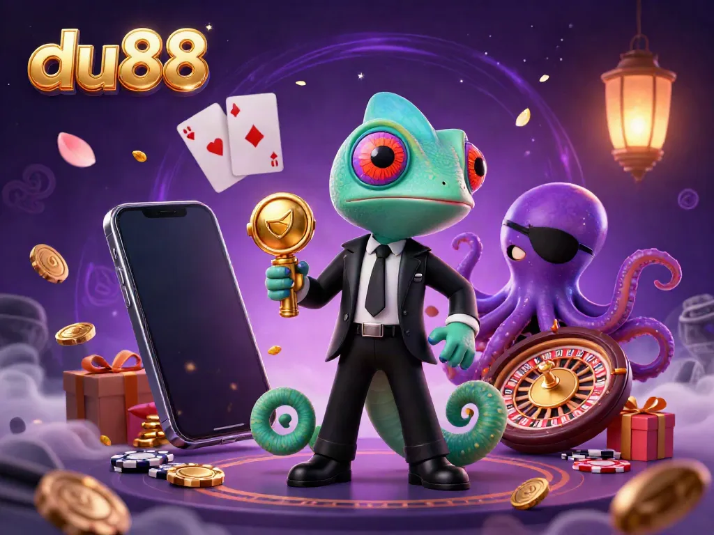 Play exciting games at du88 with a cartoon chameleon, gecko, and octopus surrounded by casino elements.