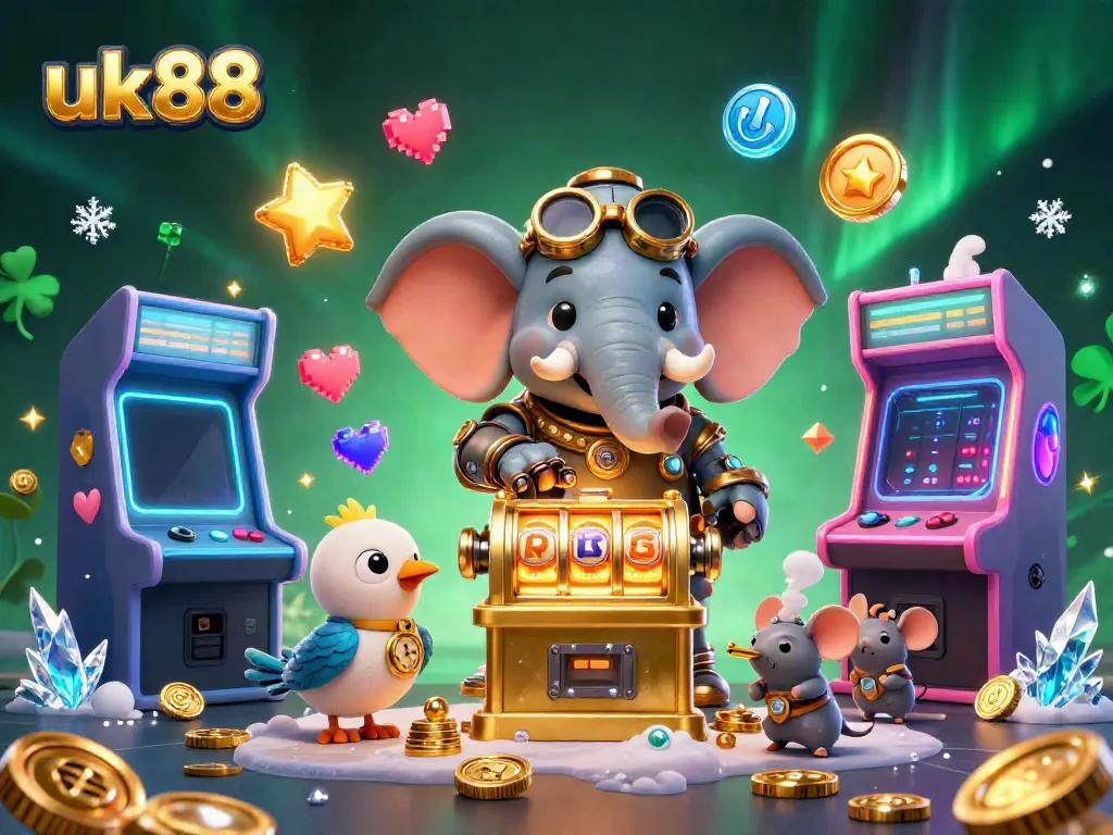 Engage with the thrilling universe of uk88, where a steampunk elephant operates a golden slot machine amidst vibrant casino elements.