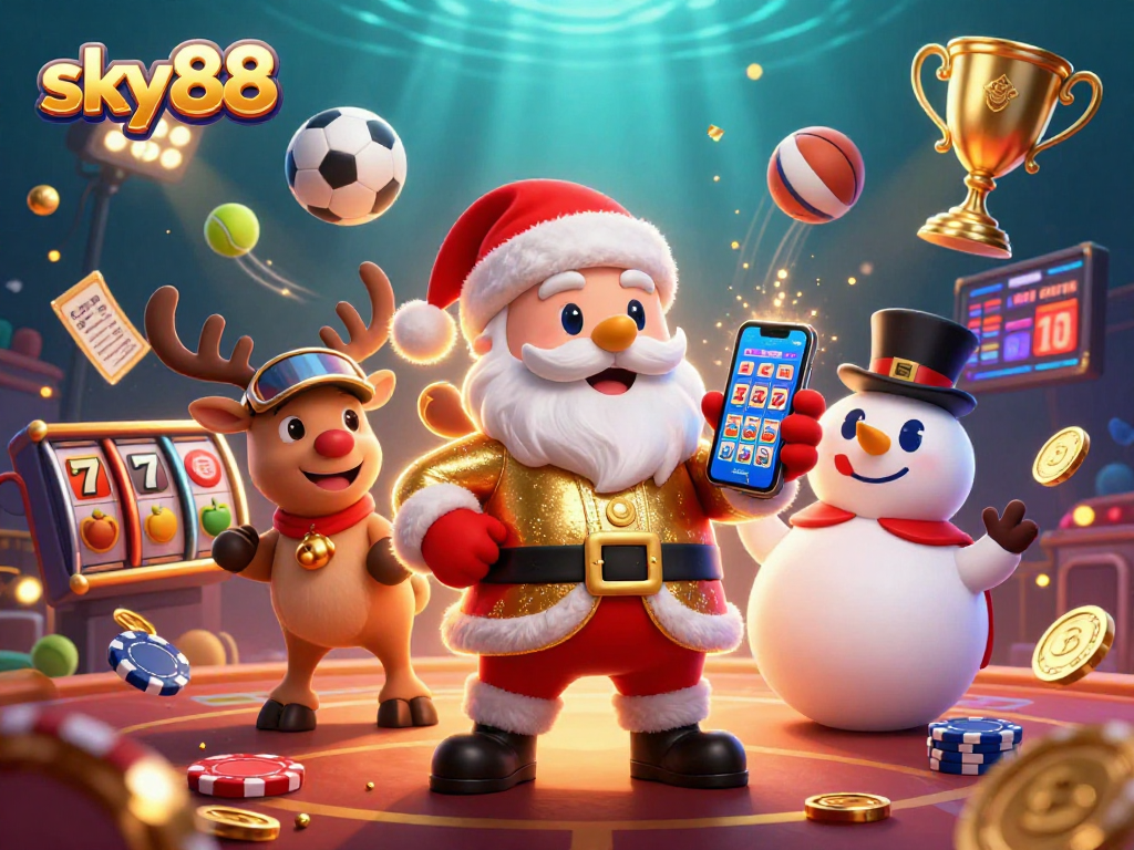 Experience the excitement of sky88 with Santa spinning slots in a festive casino scene.