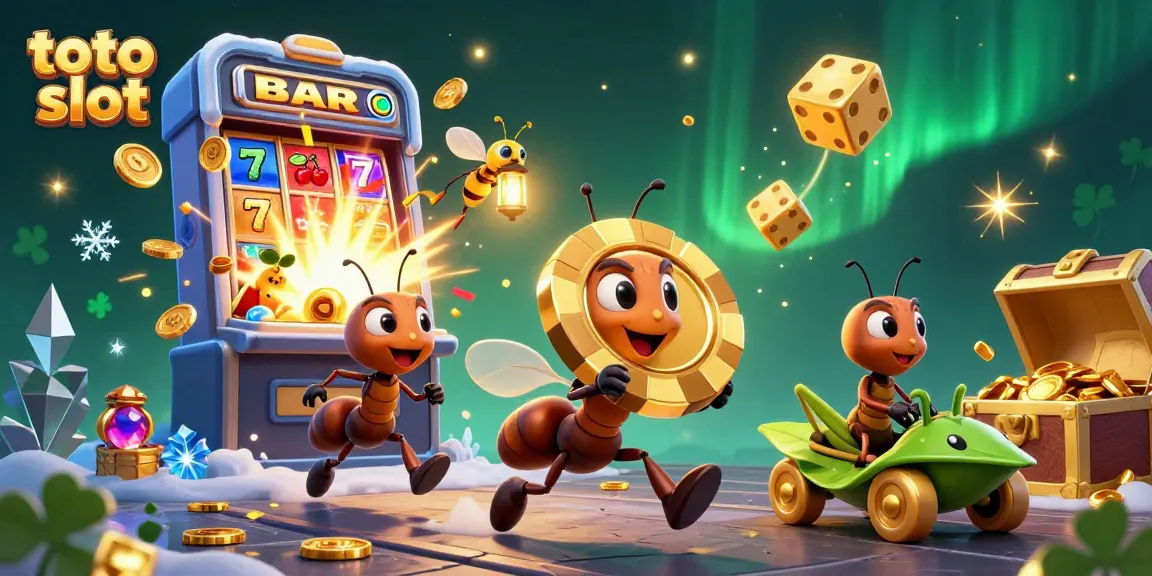 Ants executing a heist with a giant poker chip near a jackpot explosion in toto slot.