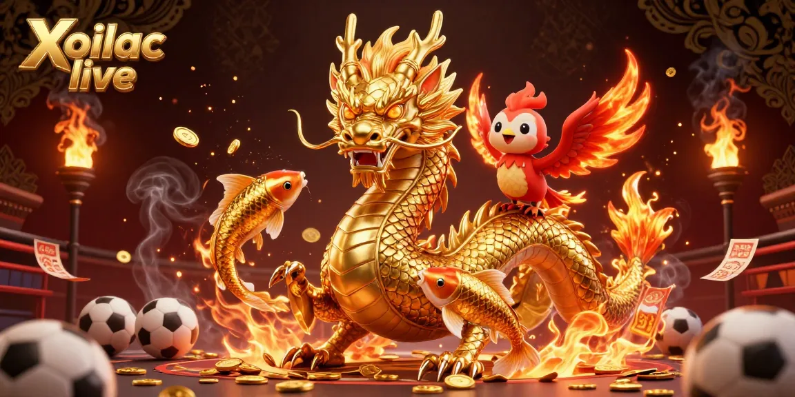 Xoilac live sports betting scene with a golden dragon, red phoenix, and coins.