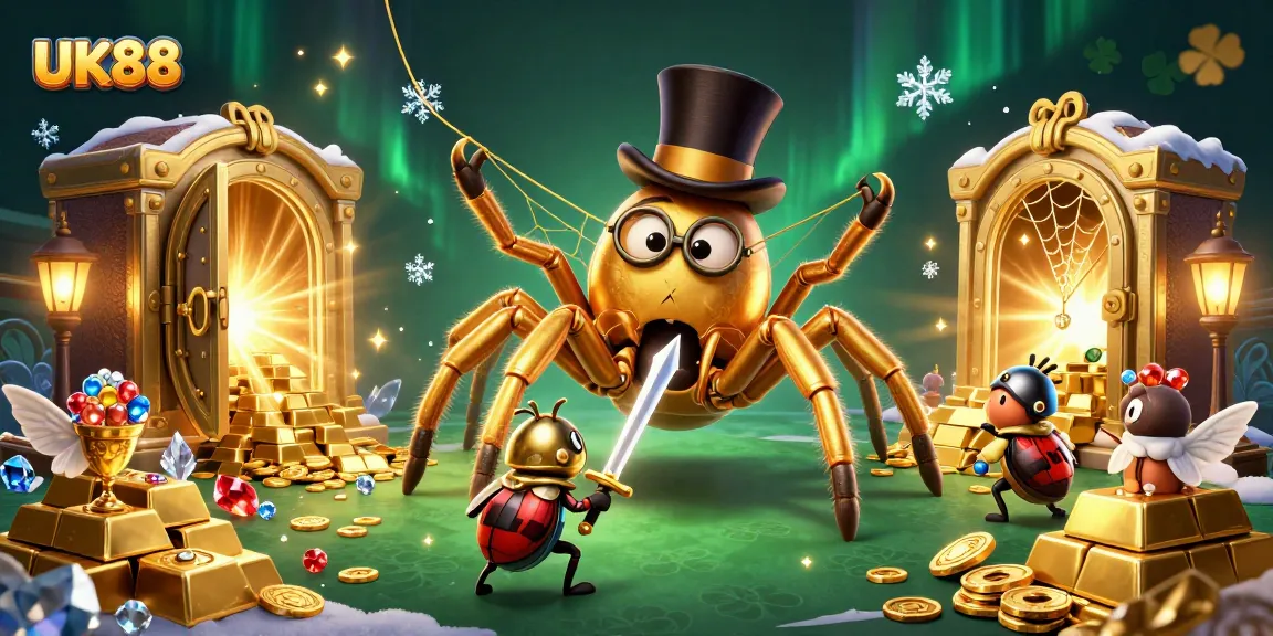 UK88 showcases an epic casino adventure with a golden tarantula and beetle knight among treasures.