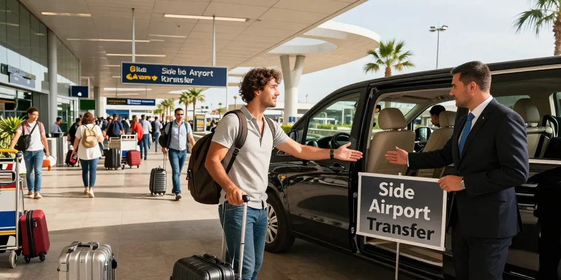 Professional chauffeur welcoming travelers for a Side Airport Transfer at Antalya Airport.