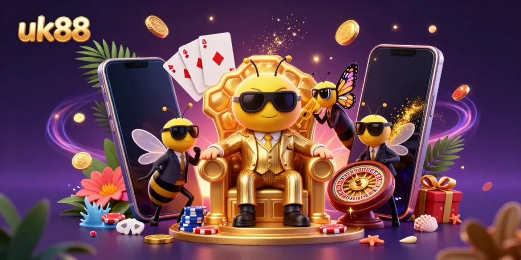 Experience the excitement of uk88 with vibrant casino elements and characters in a dynamic scene.