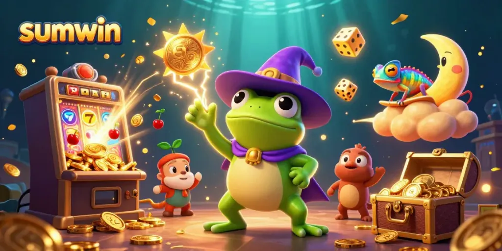 Experience the thrill of winning at sumwin with a vibrant casino scene featuring colorful characters and exciting game elements.