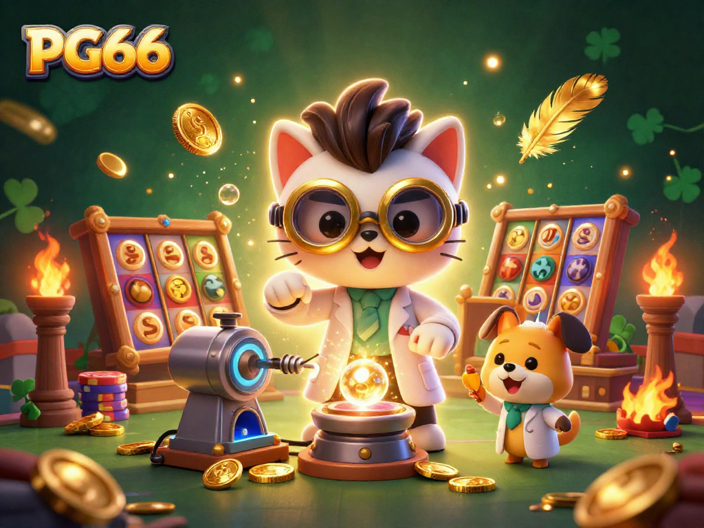 Engage in thrilling gaming opportunities at PG66 with vibrant slot machines and dynamic golden elements.