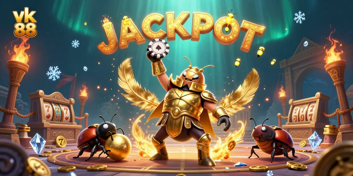 Engage with vk 88 as a victorious hercules beetle lifts a poker chip amidst a vibrant casino realm.