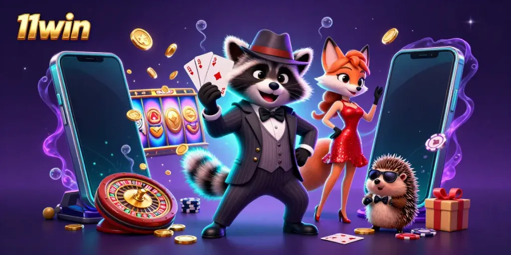 Experience thrilling casino gaming with 11win's immersive 3D illustration featuring vibrant characters and dynamic slot elements.