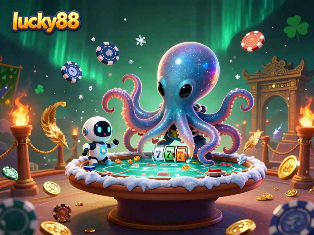 Experience thrilling wins with lucky88 as a vibrant octopus plays poker amidst cosmic wonders.