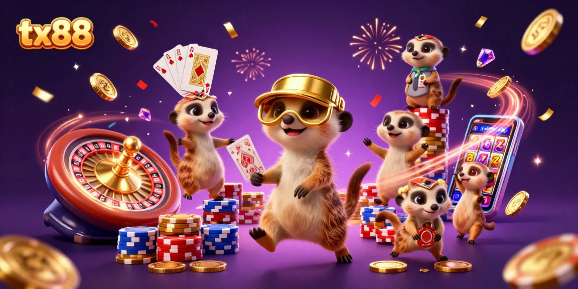 tx88 casino illustration with meerkats managing games amidst cascading gold coins and sparkling gems.