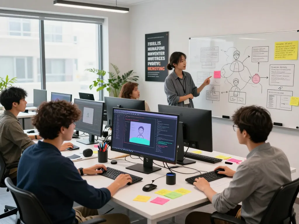 Developers in a vibrant workspace discussing spicy AI character interactions and coding strategies.