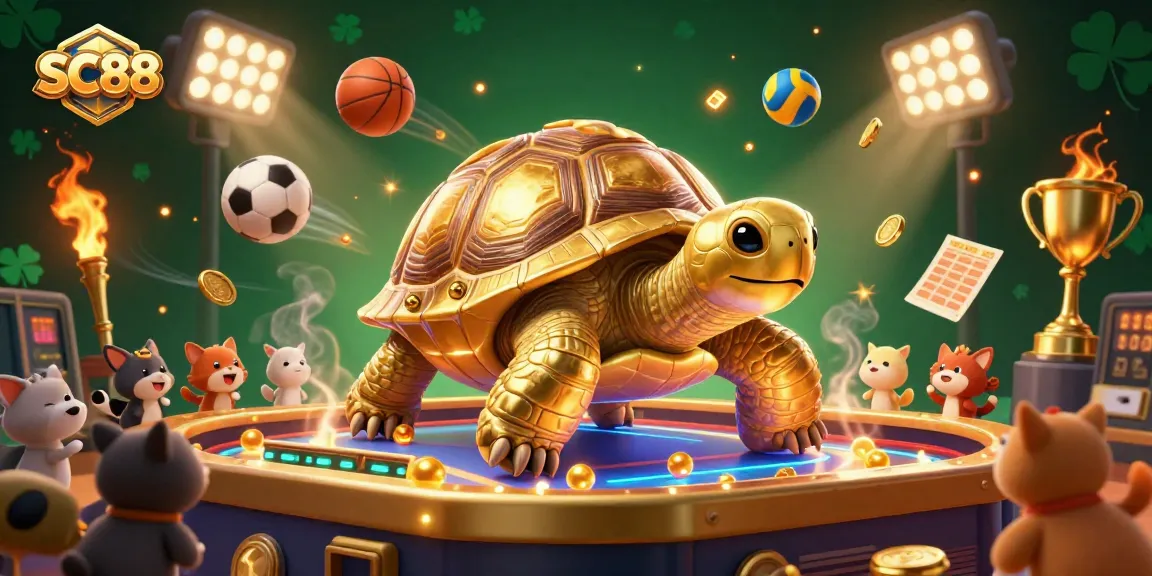 Engage with SC88's vibrant gaming atmosphere featuring a colossal pinball tortoise and dynamic sports elements.