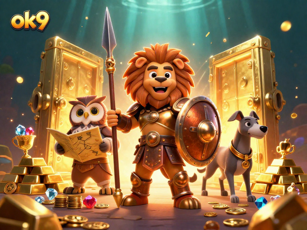 Engage in thrilling gaming experiences at ok9's dynamic casino adorned with treasures and vibrant characters.