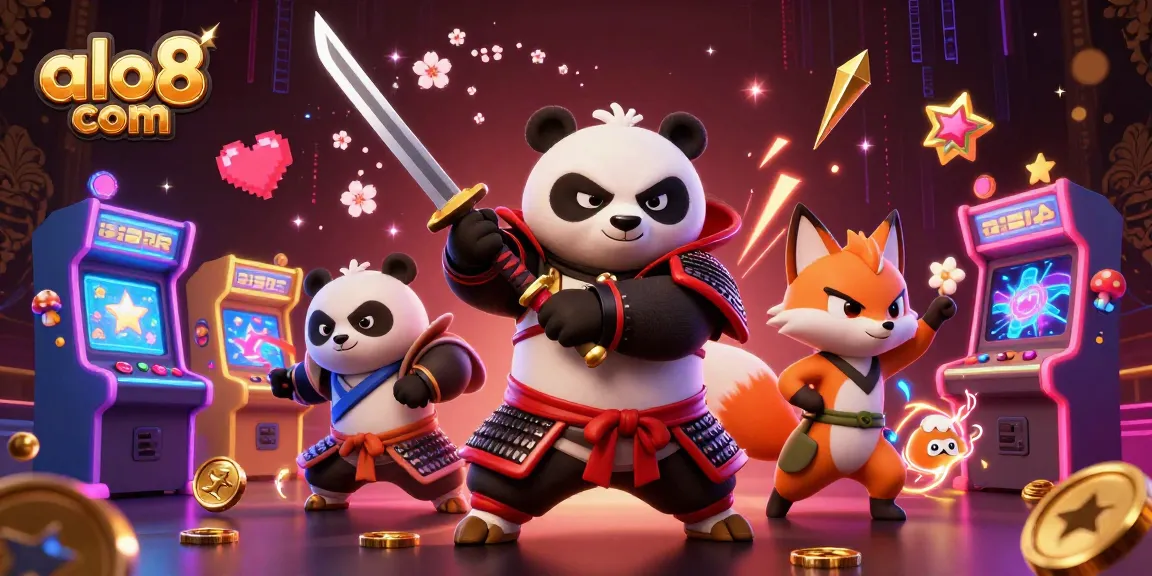 Experience the vibrant action at alo8 com with a samurai panda and ninja fox in an exciting gaming scene.