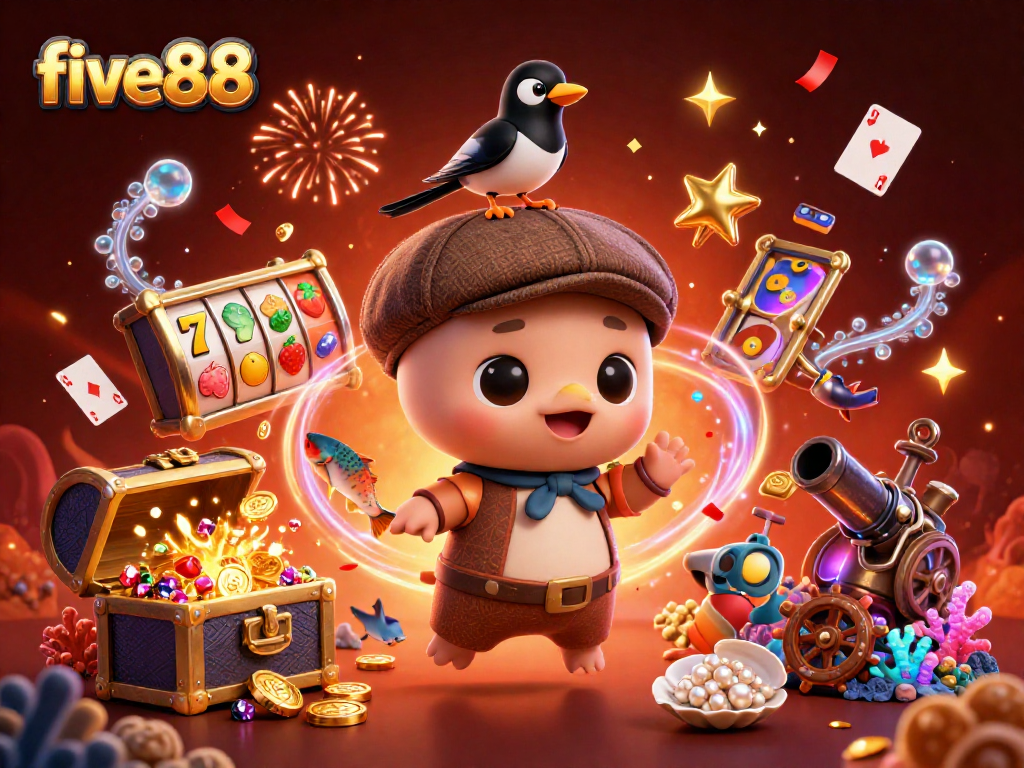 Experience the thrill of five88 with vibrant casino elements and playful characters in action.