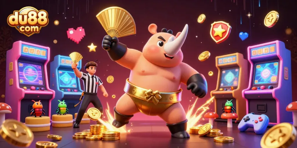 Experience the excitement of du88 com while a beetle champion stomps gold coins in a vibrant casino scene.