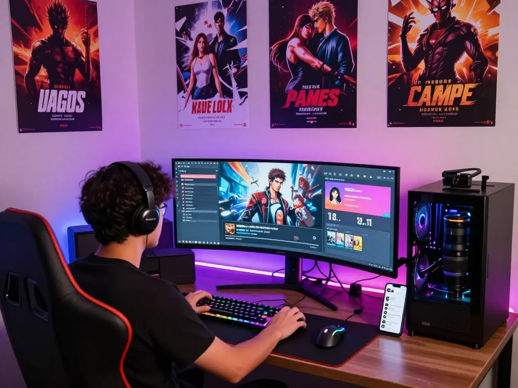 Engaged player enjoying a porno game in a vibrant gaming setup with colorful posters and dynamic lighting.