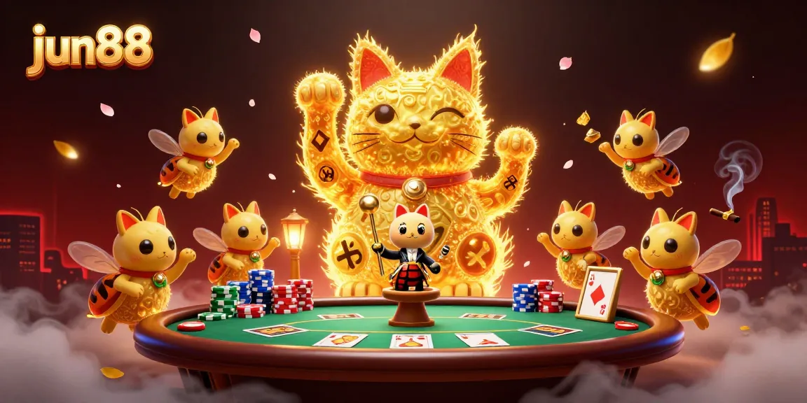 Experience the thrill at jun88 as golden fireflies symbolically celebrate casino gaming with vibrant characters and elements.