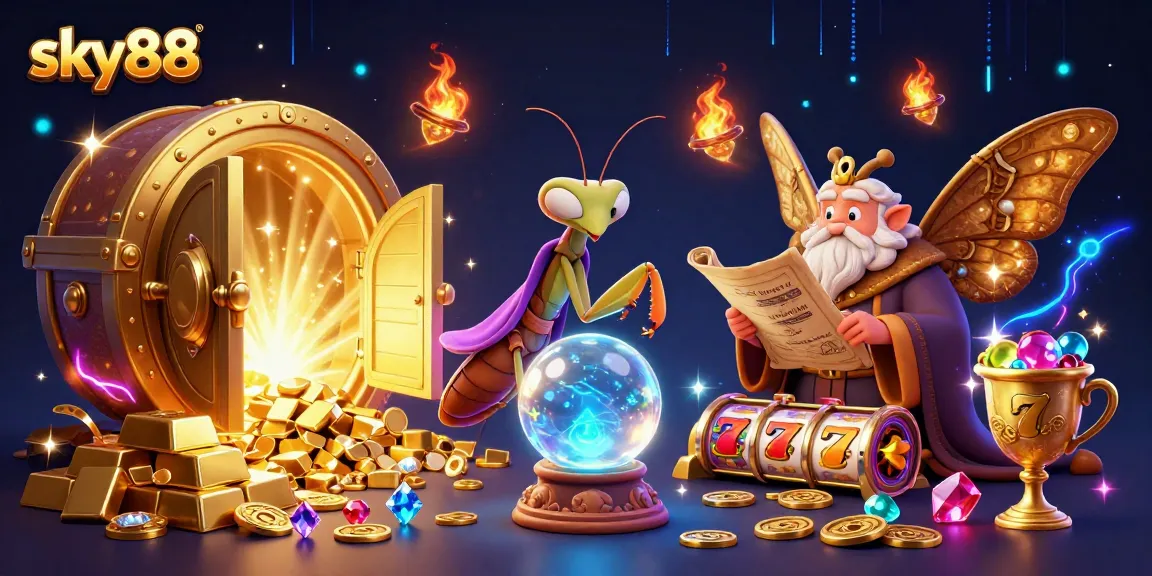 Engaging casino scene featuring sky88 with a fortune teller, librarian, and treasures.