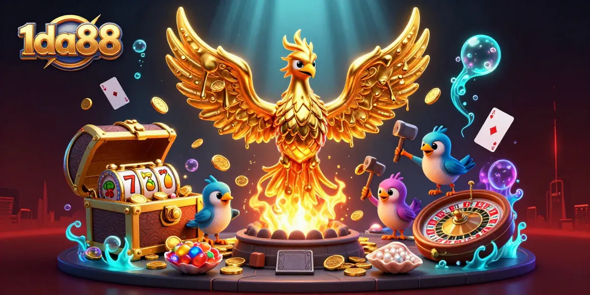 Play winning slots at 1da88 with a golden phoenix, vibrant treasures, and lively casino elements.