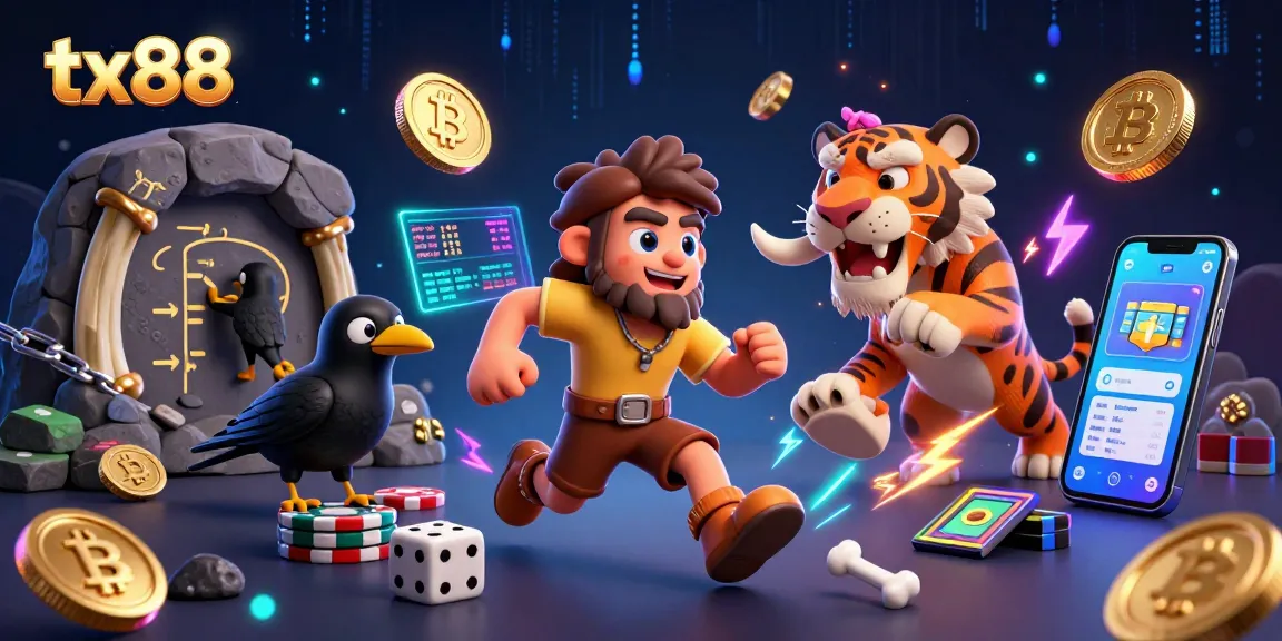 Win big at tx88 with an ultra-detailed 3D illustration of a prehistoric casino scene featuring unique characters.