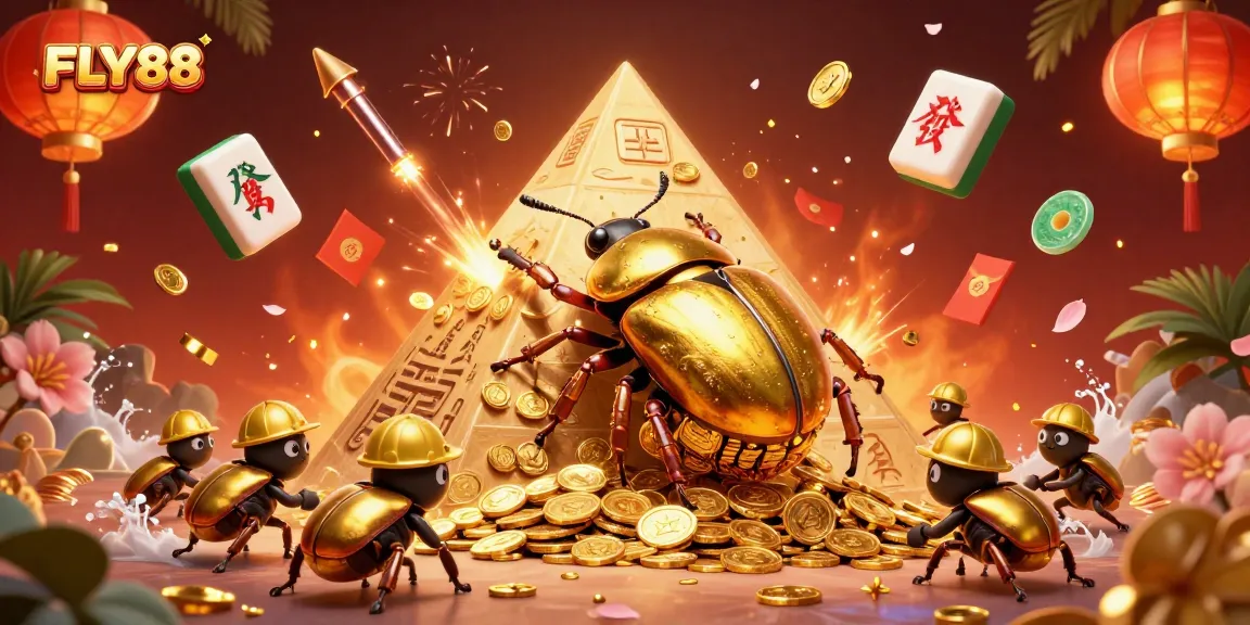 Engage with FLY88's thrilling casino experience, featuring golden beetles and vibrant symbols.