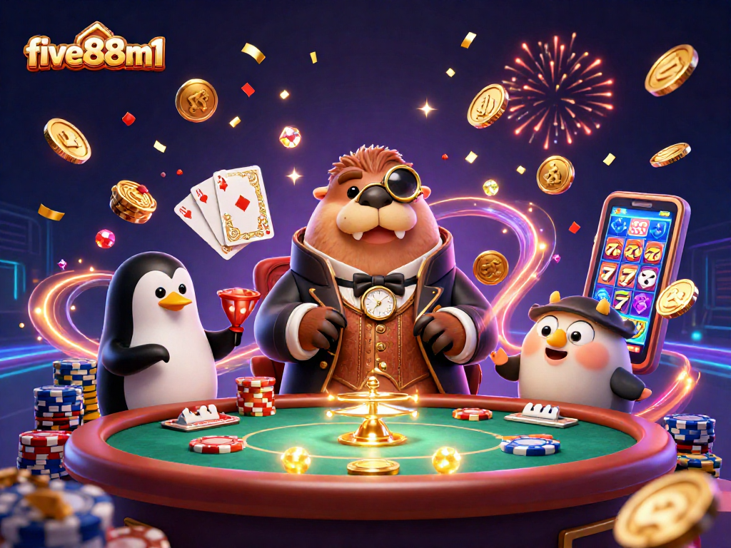 Engage with five88m1’s thrilling underwater poker scene featuring a walrus, penguin dealer, and pufferfish.