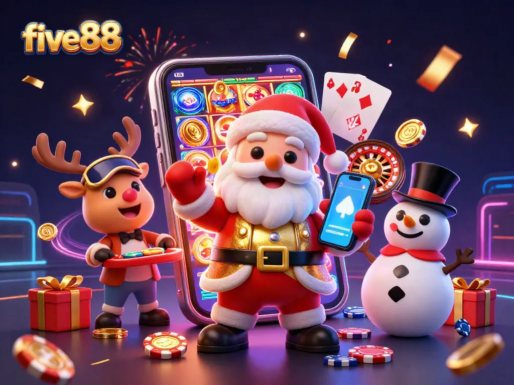 Win big at five88 with Santa and friends celebrating in a vibrant casino scene!