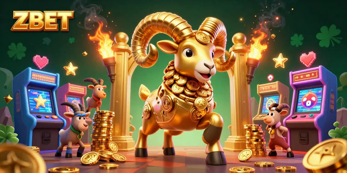 ZBET's vibrant casino action showcases a golden ram charging through a lively gaming environment, highlighting fun with coins.