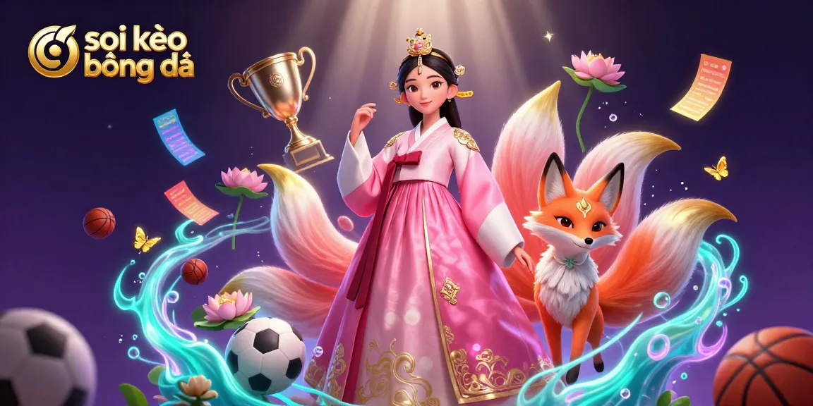 Soi kèo bóng đá highlights thrilling betting moments with an elegant Asian woman, lucky fox, and dynamic sports elements.