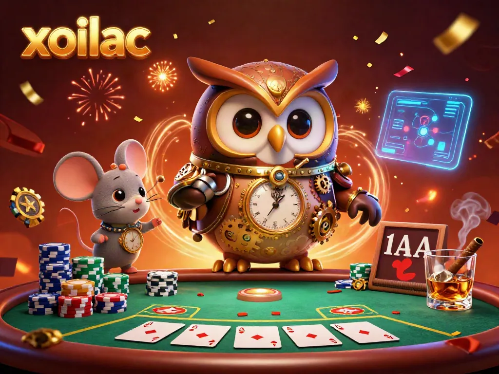 Experience the vibrant energy of xoilac with an illustrated scene of a time-traveler owl in a casino setting.