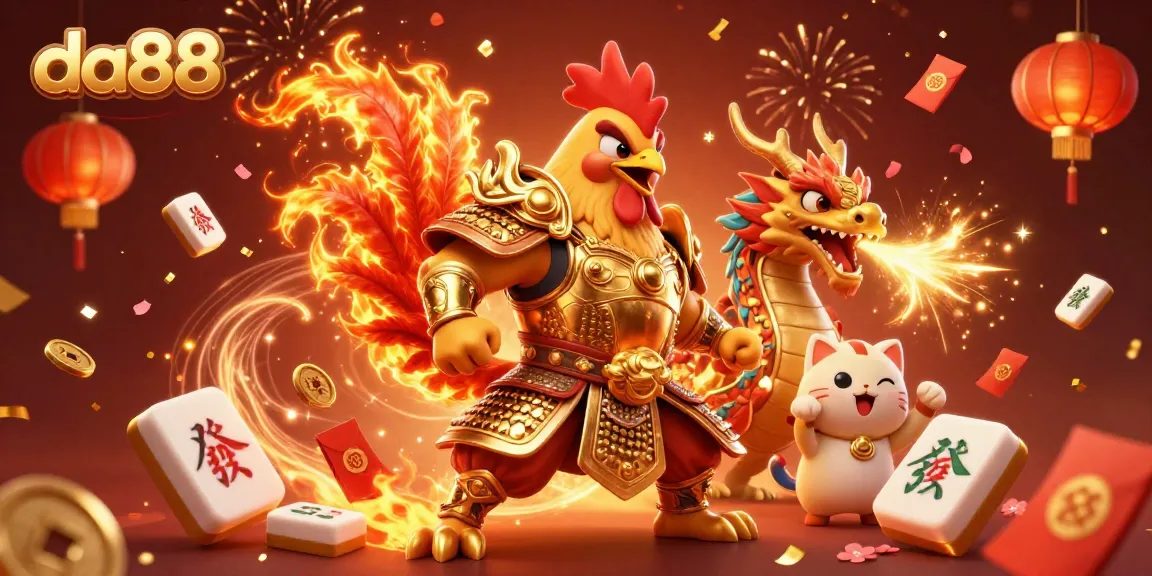 Engage in thrilling gameplay at da88 with a dynamic 3D illustration featuring a fierce rooster warrior and dragon hatchling.