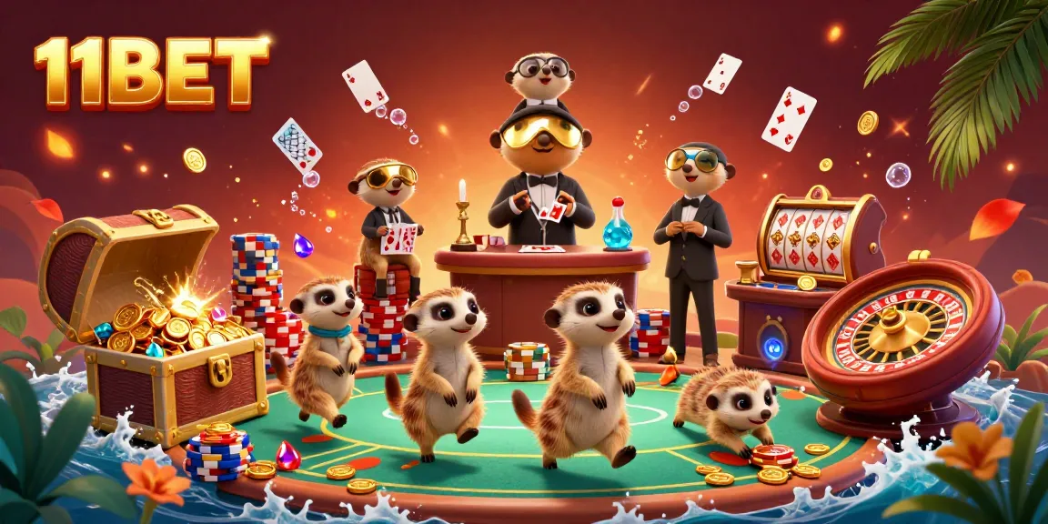 Engage in thrilling games at 11BET with colorful meerkats running an energetic casino operation.